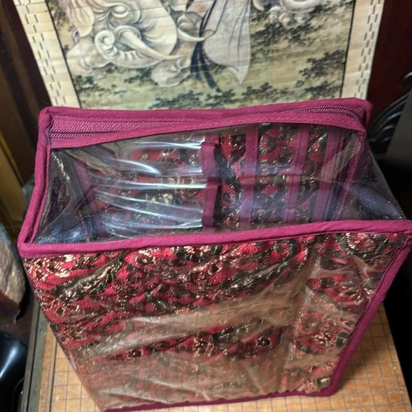 Travel Makeup Cosmetics Jewelry Bag Red Paisley Quilt Large 10”Lx8.25”Wx4”D GUC - Picture 5 of 17